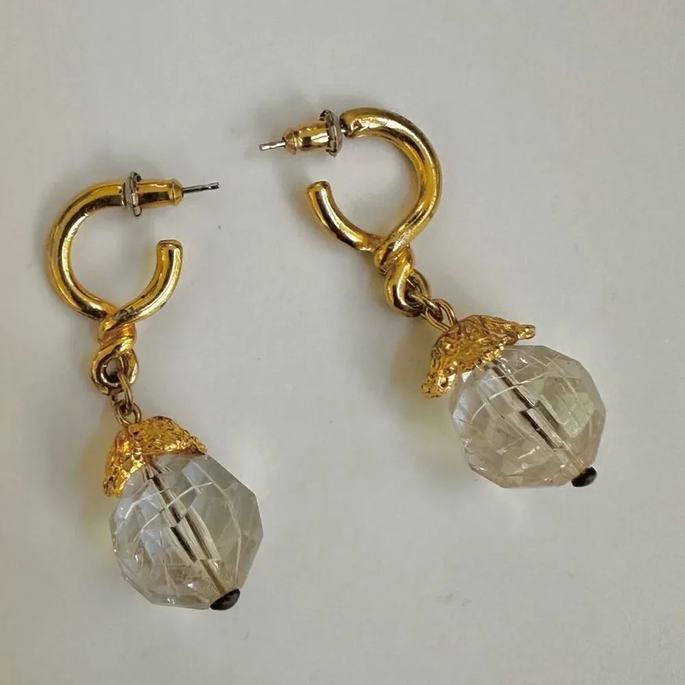 Clear and gold tone hoop drop earrings